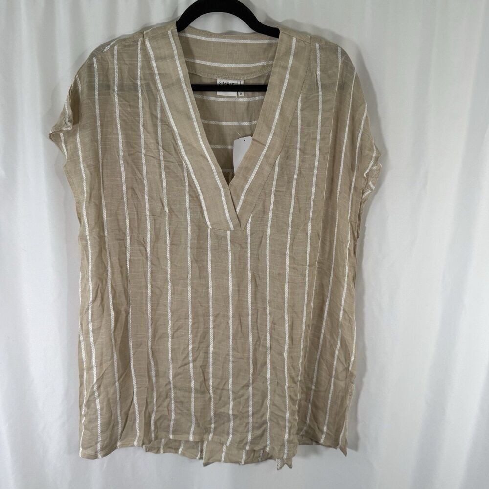 New Simple Suzanne Betro Blouse Women's medium Beige Vneck Striped Rayon